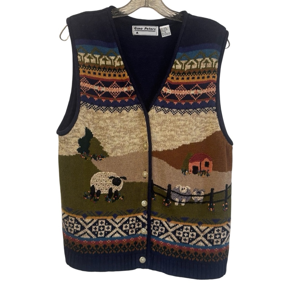 Vintage Gina Peters V Neck Button Front Farm Country Sweater Vest Women's XL